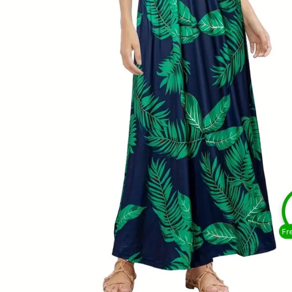 Women’s Black & Green Tropical Leaf Print Boho Maxi Beach Summer Dress Sz-M - Picture 2 of 8